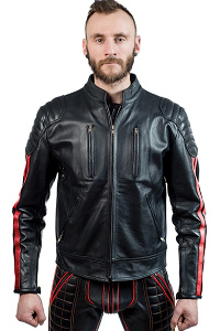 Mister B leren biker jas zwart met rode strepen